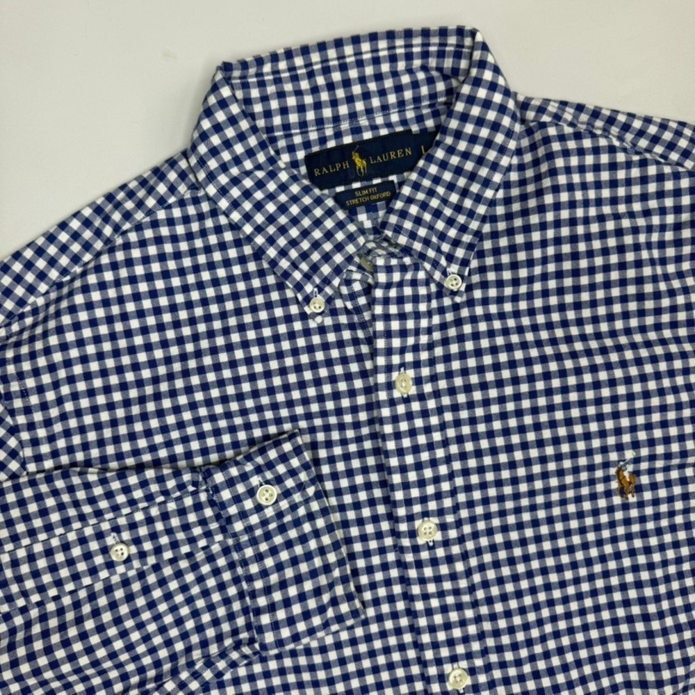Polo Ralph Lauren Button Down Mens Large Blue Gingham Slim Stretch Oxford Shirt
